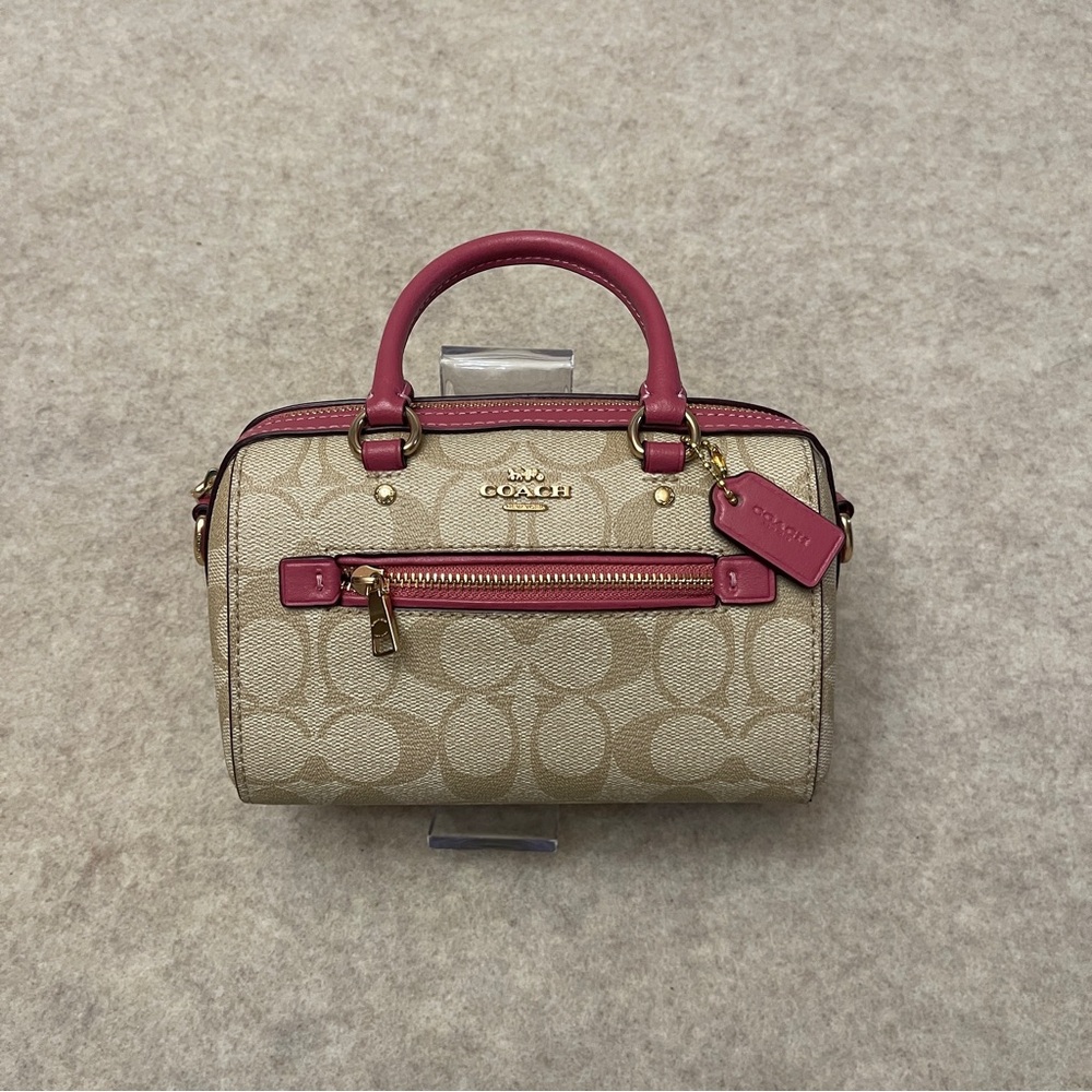 Coach Mini Rowan Signature Tan Canvas Pink Rogue Leather Trim Crossbody Bag - Picture 4 of 17